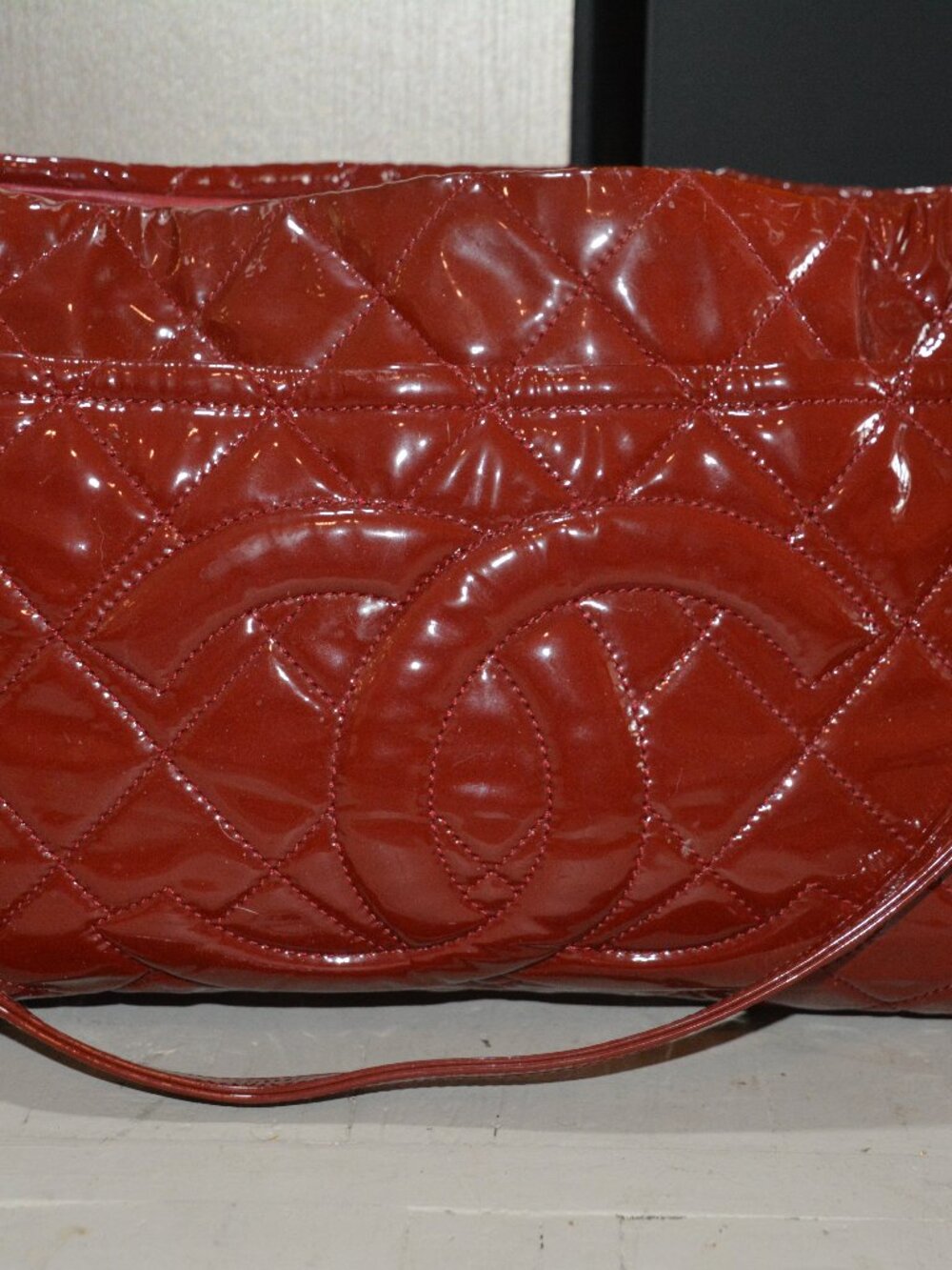 Chanel Red Patent Leather Quilted Tote Bag